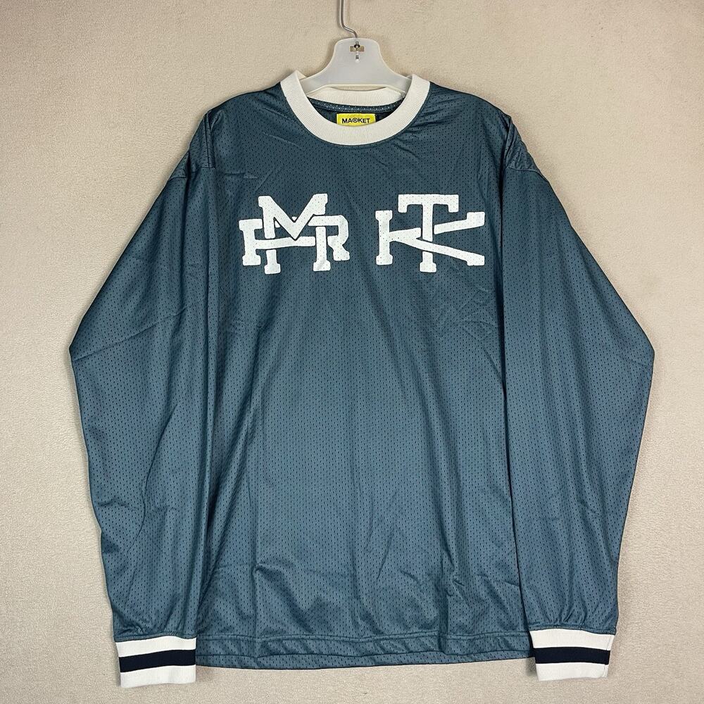 MARKET‎ T Shirt Mens L Green Stacked Logo Mesh Long Sleeve Crew Neck Regular Fit